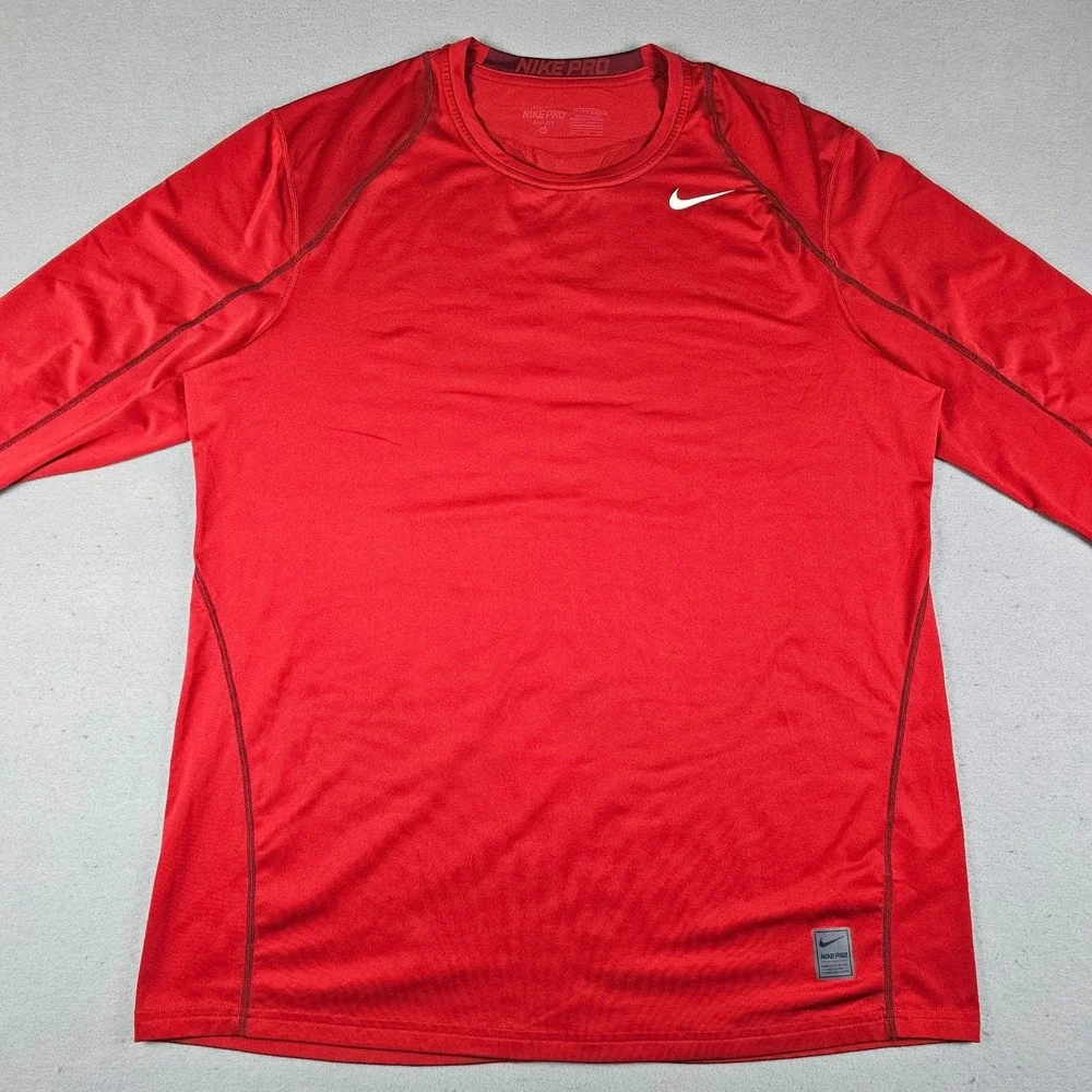 Nike Pro Base Layer Shirt Mens Extra Large Red Long Sleeve Fitted Dri-Fit Crew